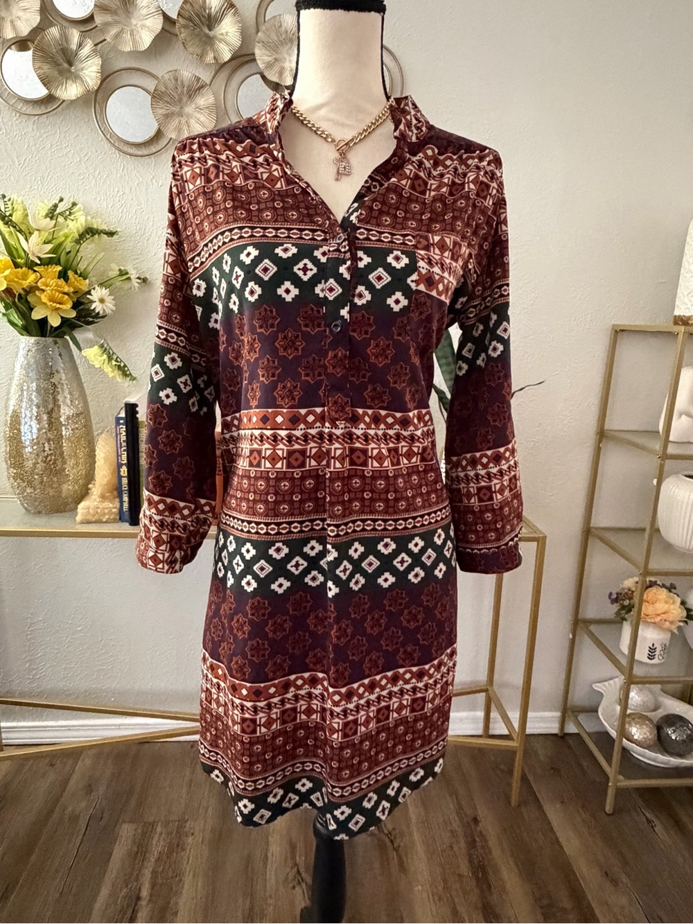 Depri Bohemian Tribal Long-Sleeve Printed Shirt Dress